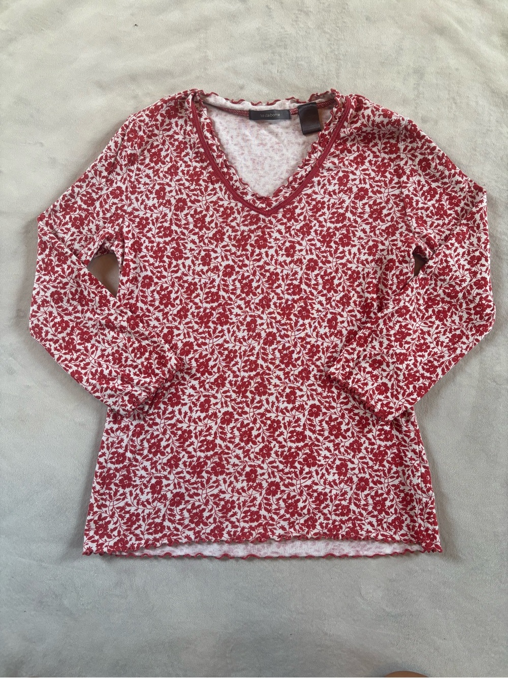 Y2K Liz Claiborne Red Floral Lettuce Hem Long Sleeve Top M - Picture 7 of 8